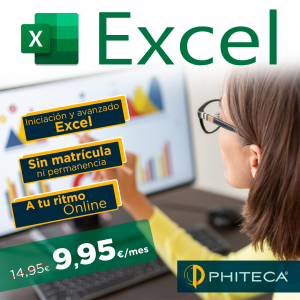 Foto informativa sobre el precio de la tarifa mensual de Phiteca, para cursos de Excel desde cero y avanzado